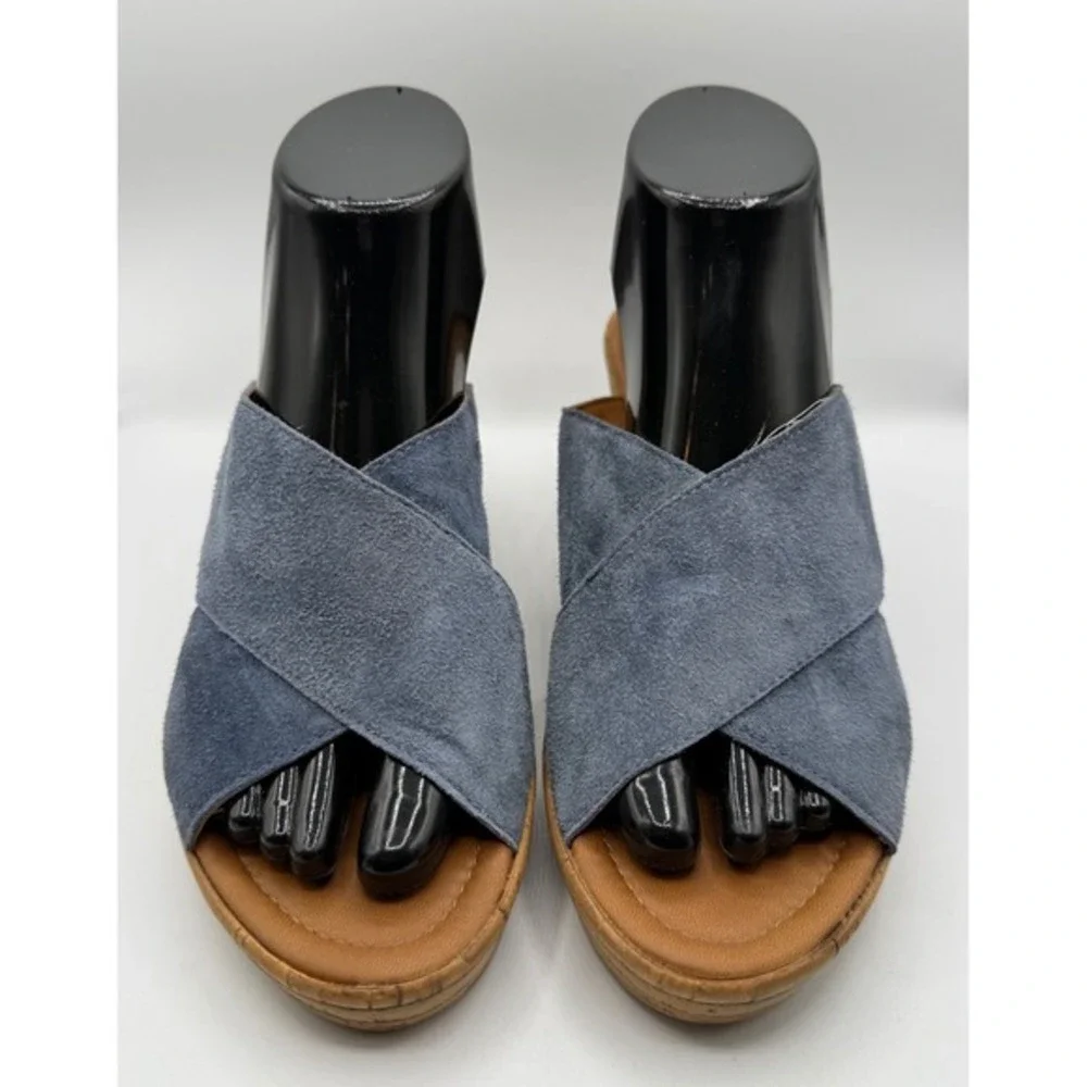 Mila Paoli Women Size 9 Blue Suede‎ Wedge Open Toe Sandals Platform Espadrille